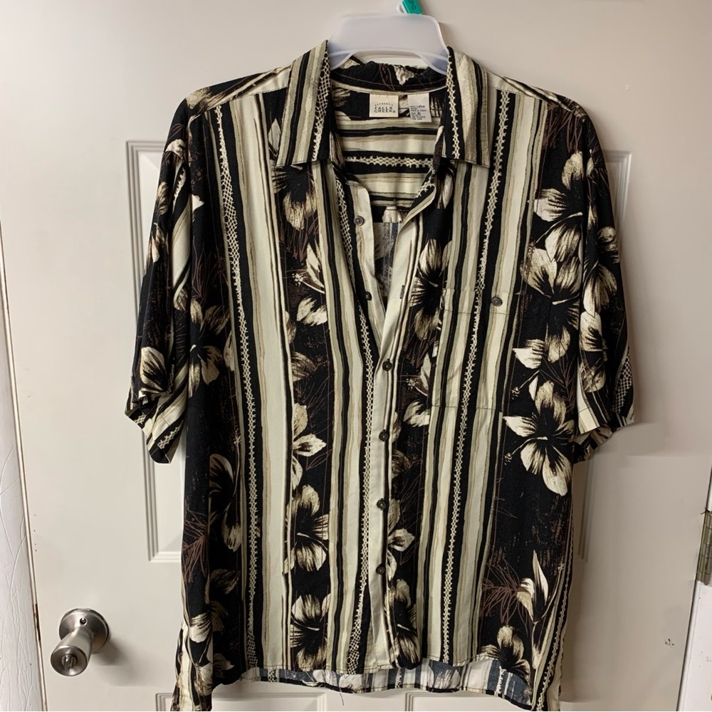 Falls Creek 100%Viscose Rayon Striped Floral Print Button Down XL